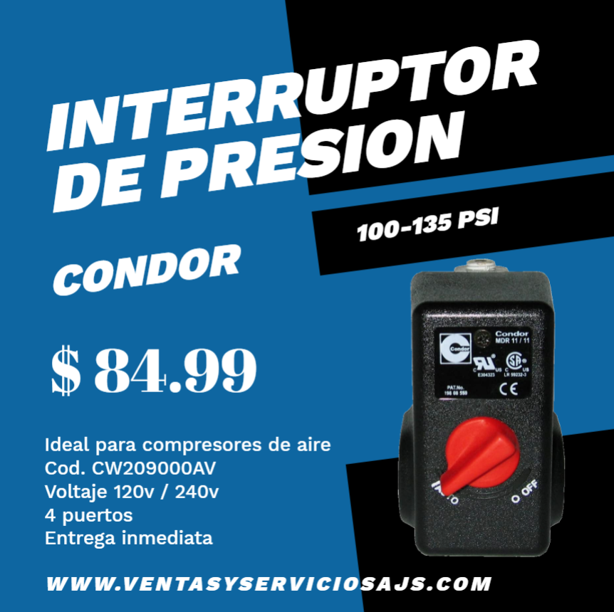 interruptor de presión automatico para compresor de aire 100 135 psi 1/4 npt 4 valvulas para entrega inmediata en Panamá 84.99$ envio internacional disponible a centro america y sur america CW209000AV MDR 11 11 