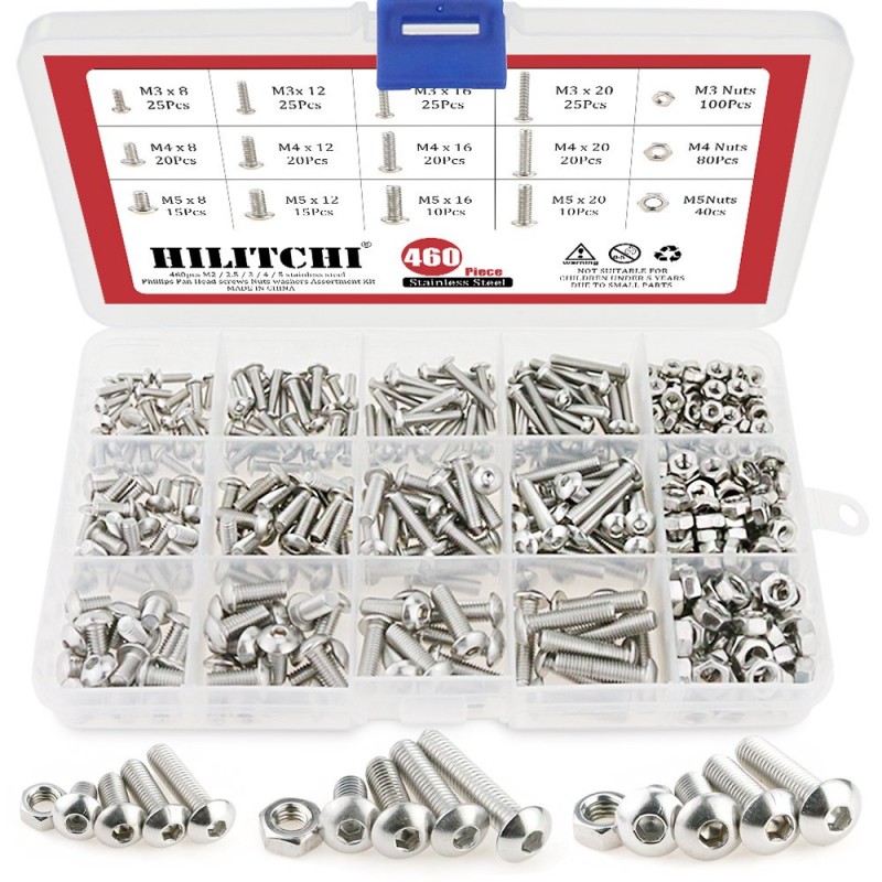 Kit de tornillos y tuercas, 500 piezas M3 M4 M5 Tornillos de cabeza plana  de acero inoxidable Kit surtido de tornillos y tuercas con caja de  almacenamiento Adepaton YQ-0346